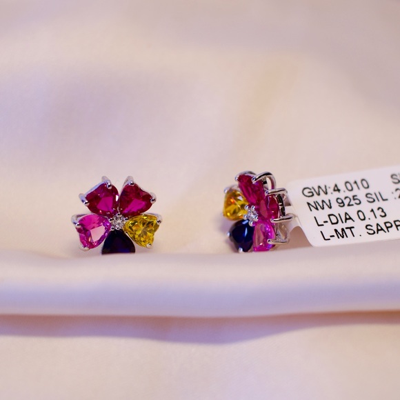 925 Silver Geometric Multi-Color Earrings | 6.61 CT Lab Sapphire+0.13 CT Diamond - Picture 7 of 11